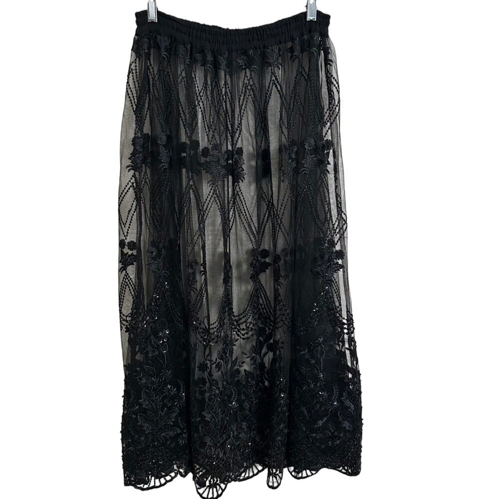 Black Embroidered Sequin Sheer Mesh Maxi Skirt Overlay Floral Lace Scalloped Hem